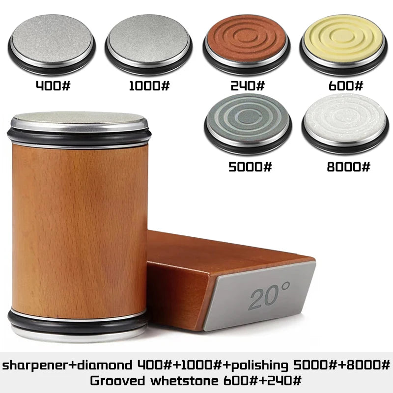 A set of magnetic rolling knife sharpeners featuring various grit stones and a wooden handle.