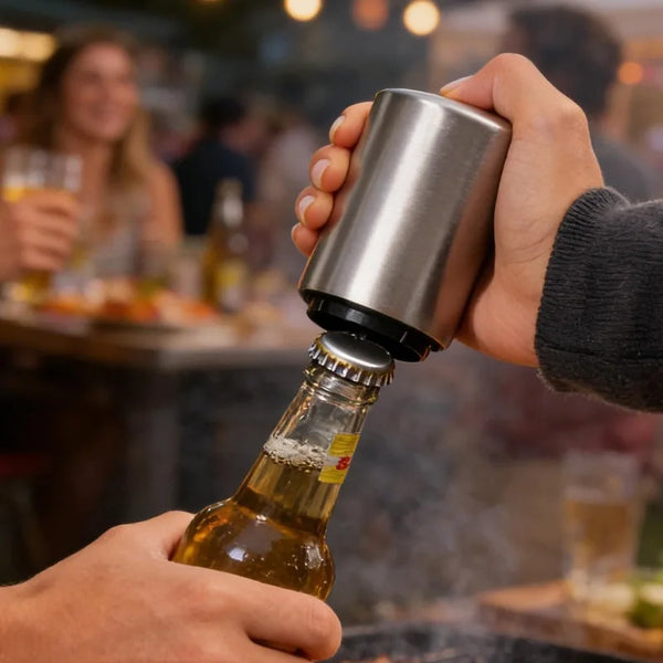Hände halten einen Edelstahl-Magnetöffner über einer Glasflasche.