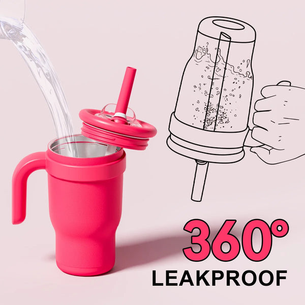 Rosa Edelstahl-Strohhalm-Tumbler mit Stroh, der sein 360-Grad-dichtes Design demonstriert.