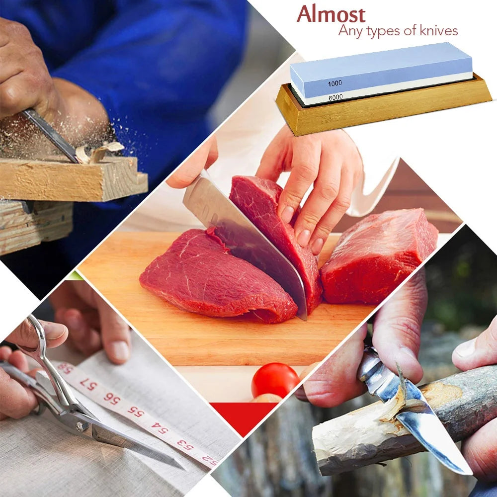 A set of knife sharpening stones, including a blue stone and a wooden block, alongside raw meat and a knife.