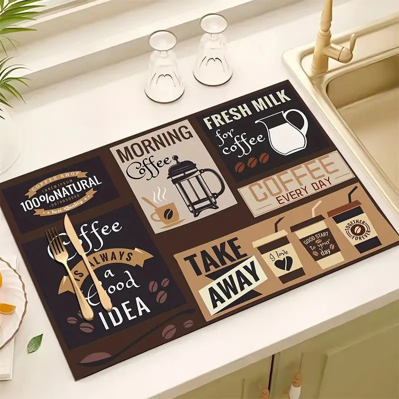 A dark brown coffee print kitchen drying mat featuring illustrations of milk, coffee, and a teapot.