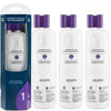 Three bottles of refrigerator water filter replacement with purple labels and white liquid inside.