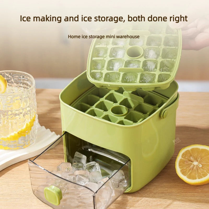 A lime green reusable grid ice cube mold set with an open storage box and a clear container filled with ice cubes.