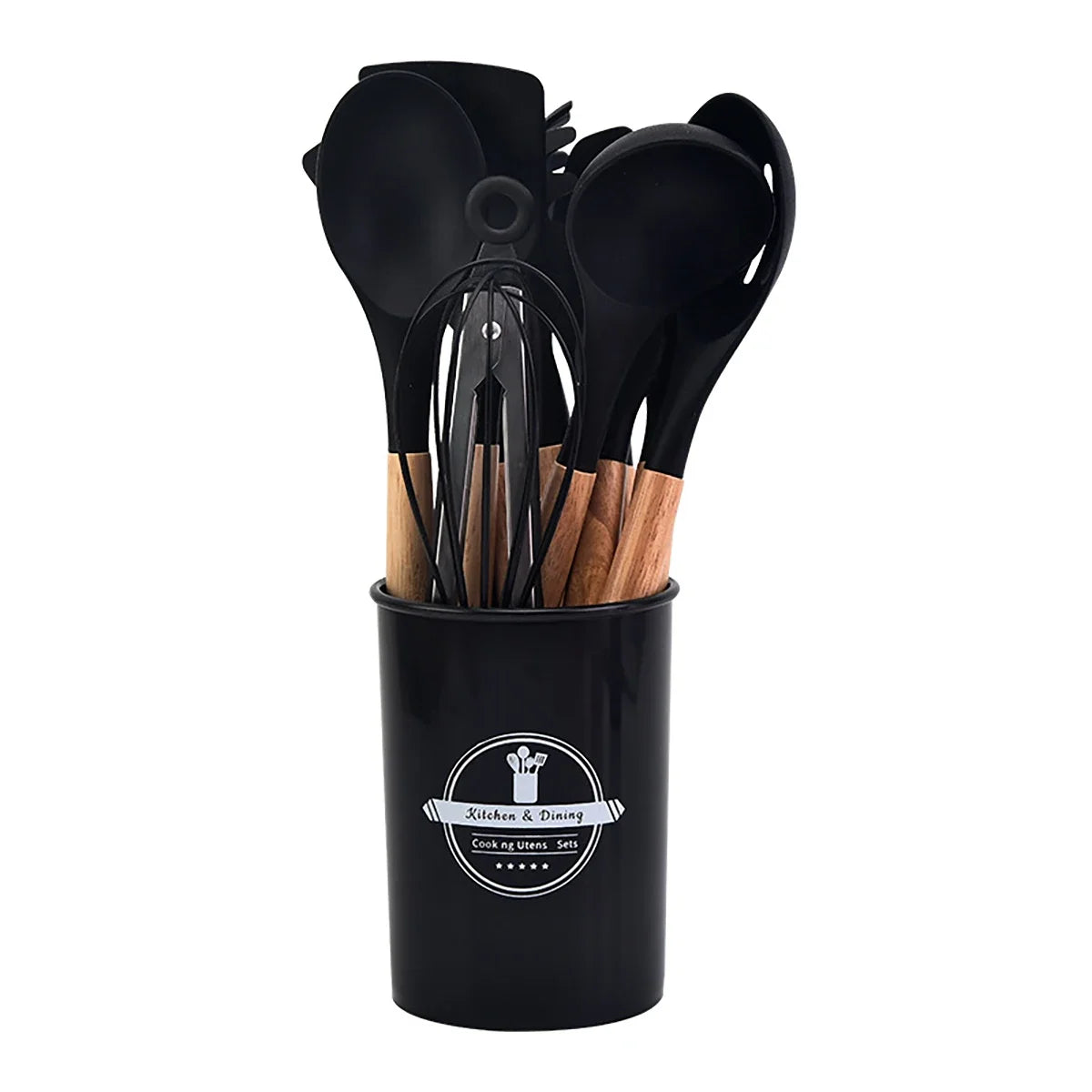 A black silicone cooking utensil set with various spoons and tools stored in a cylindrical container.