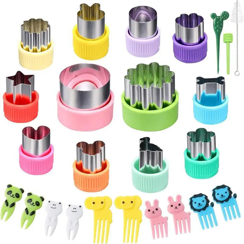 A collection of colorful plastic sandwich cutters for baking and decoration, including various shapes like hearts, stars, and