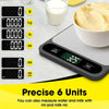 A digital kitchen scale displaying multiple units including grams, kilograms, pounds, ounces, and milliliters for precise mea