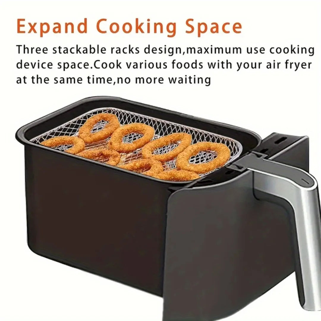A black air fryer basket with three stainless steel racks for expanding cooking space.