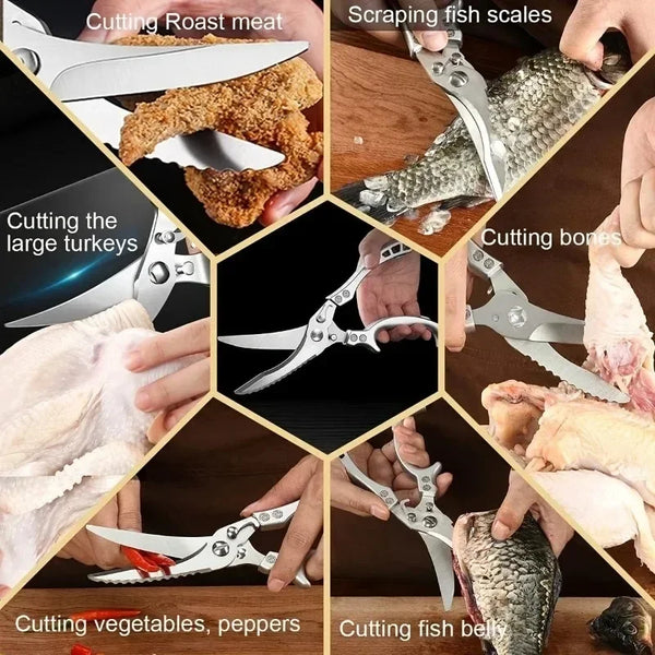 Ein Set Damaszener Küchenmesser zur Demonstration verschiedener Schneidtechniken wie Braten, Fischschuppen entfernen und