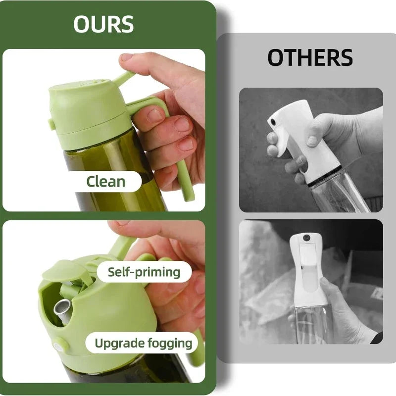 A hand is holding a green oil sprayer bottle, demonstrating its clean design and self-priming function.