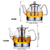 A clear glass tea pot with a metal lid and handle, shown in two sizes, 800MI and 1200MI.