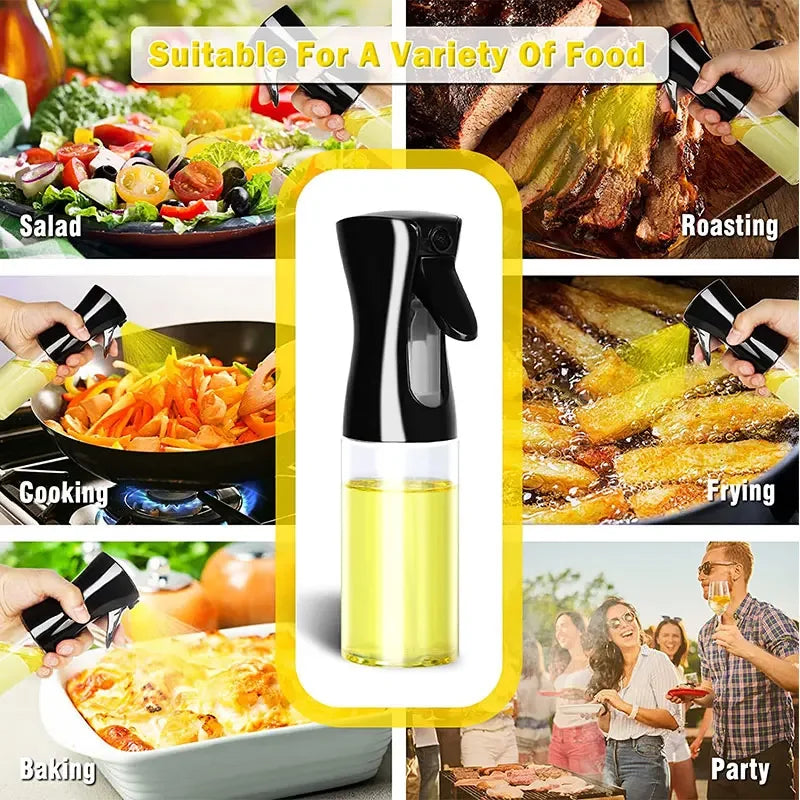 A collection of multi-sized oil spray bottles used for cooking, baking, and roasting various foods.