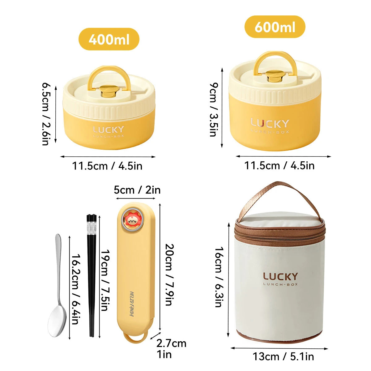 A set of yellow and beige portable stackable thermal lunch boxes in various sizes, including 400ml and 600ml options.
