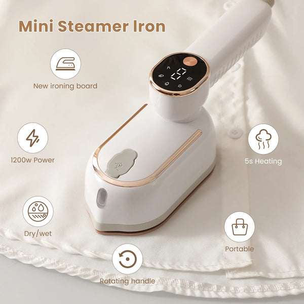 Weißer Mini-Dampfer-Eisen auf weißem Tuch, mit Hervorhebung von 1200W Leistung und 5s Erwärmung.
