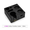 Black portafilter holder with multiple cups and a tamping station for espresso