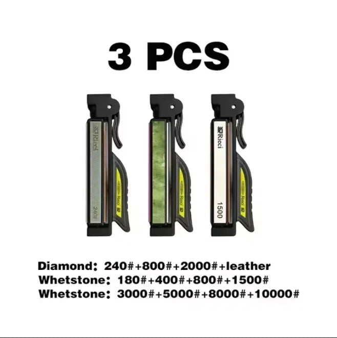 A set of three professional diamond knife sharpeners with various grit levels and leather options.