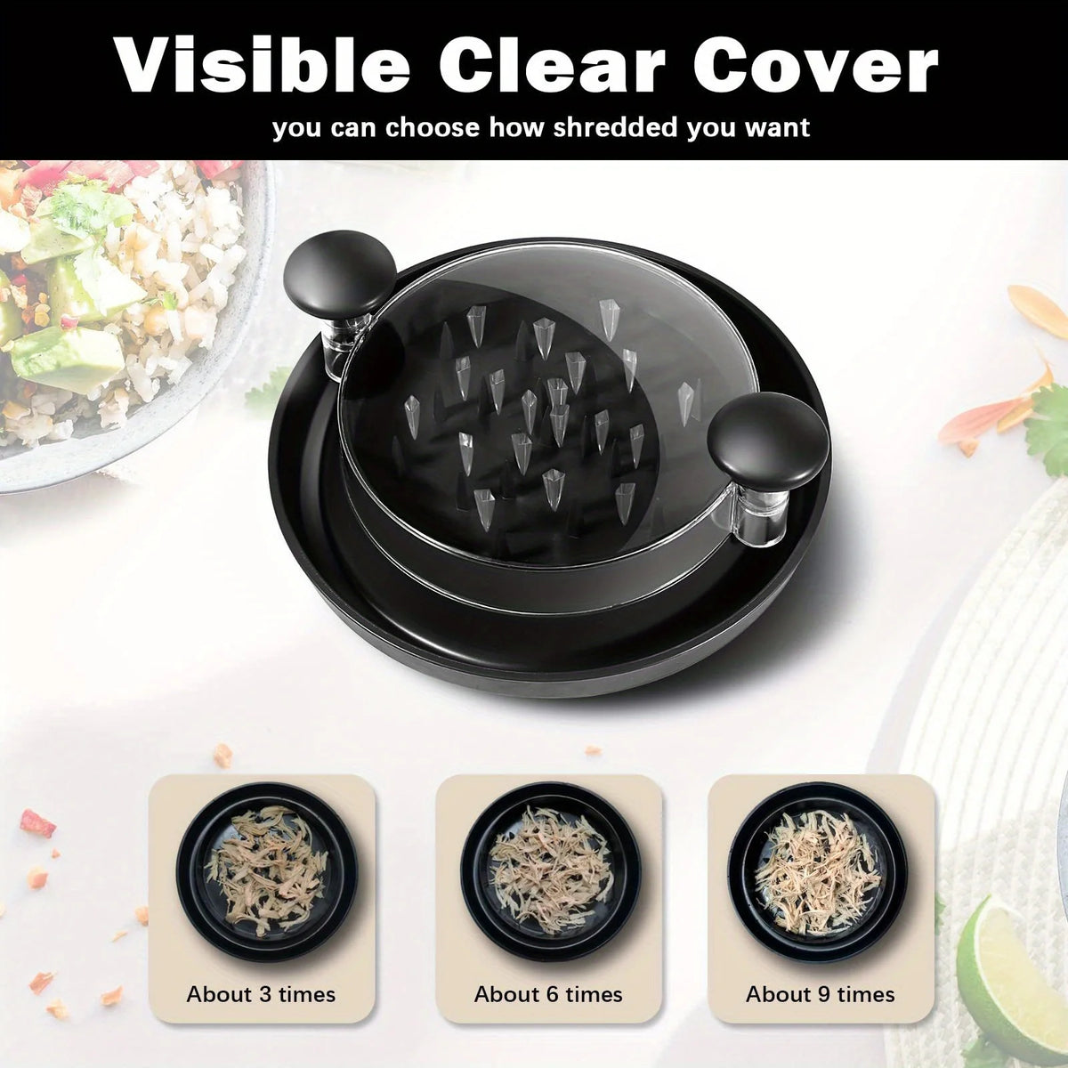 A black manual rotating meat shredder is shown with three different levels of shredded meat.