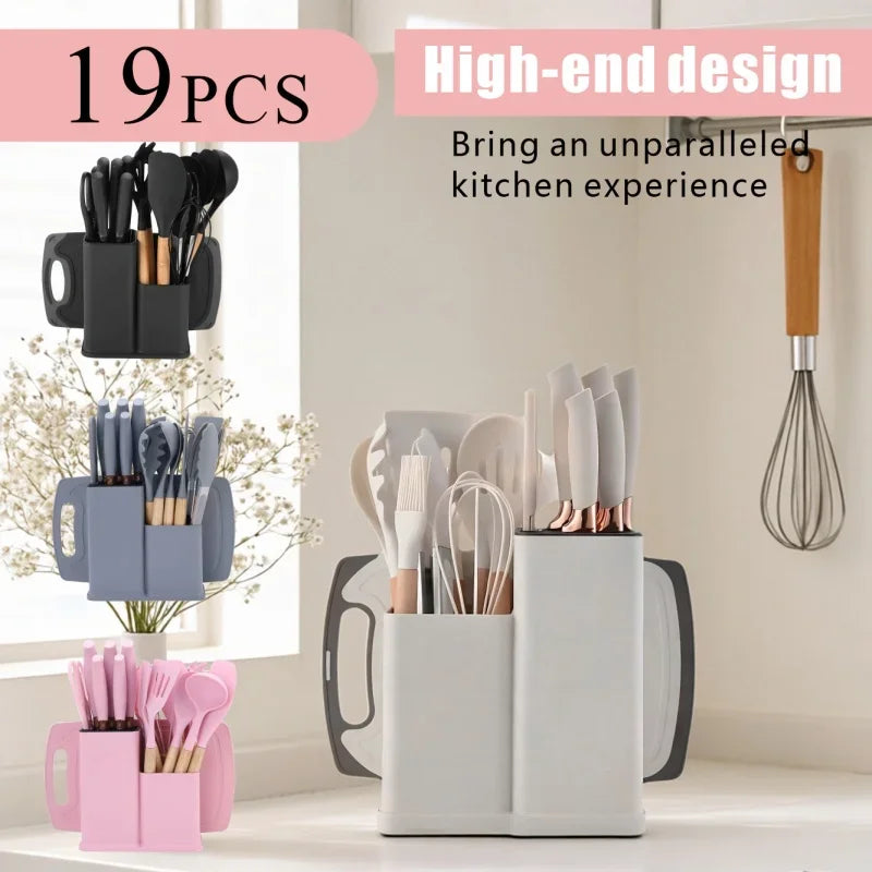 A collection of 19 kitchen knives and silicone tools in various colors stored in modern holders.