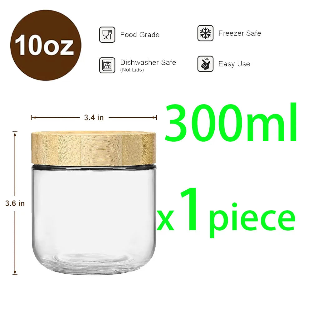 A clear glass jar with a bamboo lid, labeled as a 10oz food-grade storage container.