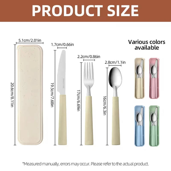 A beige portable stainless steel cutlery set with a matching storage case shown in various sizes.