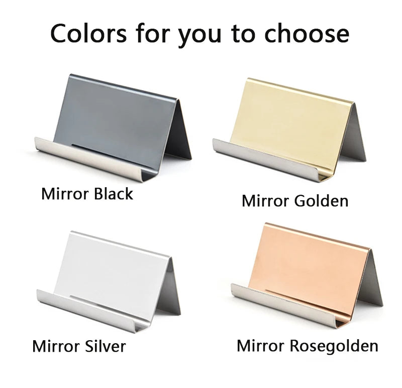 Cuatro opciones de color para un elegante soporte exhibidor de tarjeta de acero inoxidable: negro, dorado, plateado y rosa do