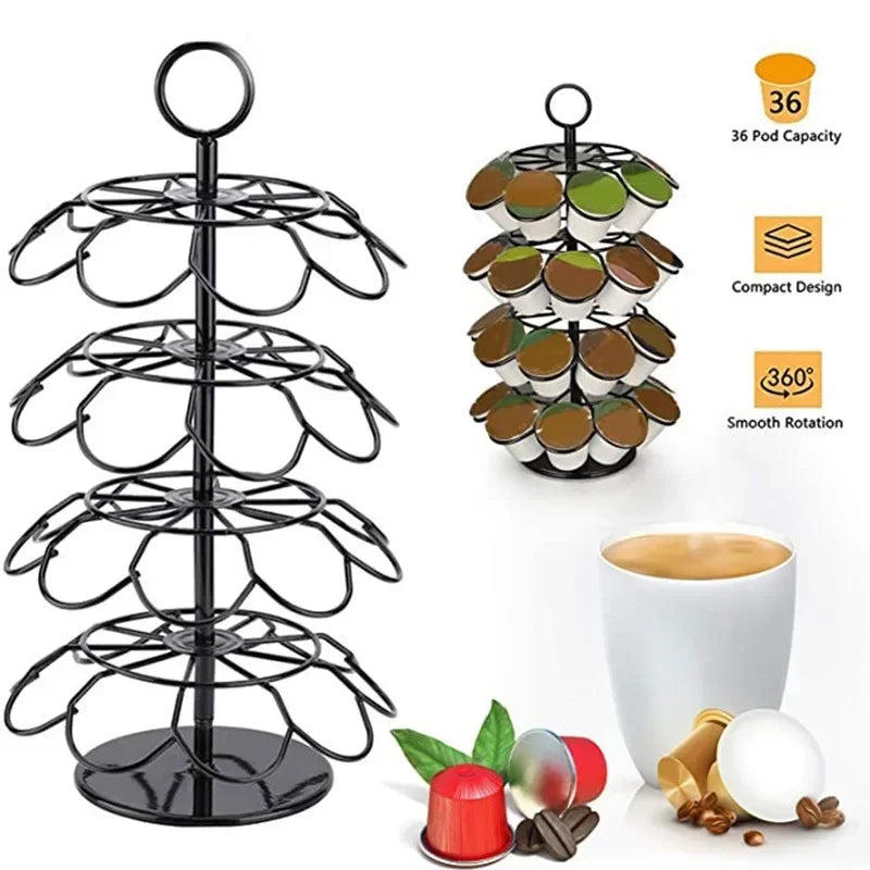 Black rotating coffee pod storage rack with multiple tiers and accessories