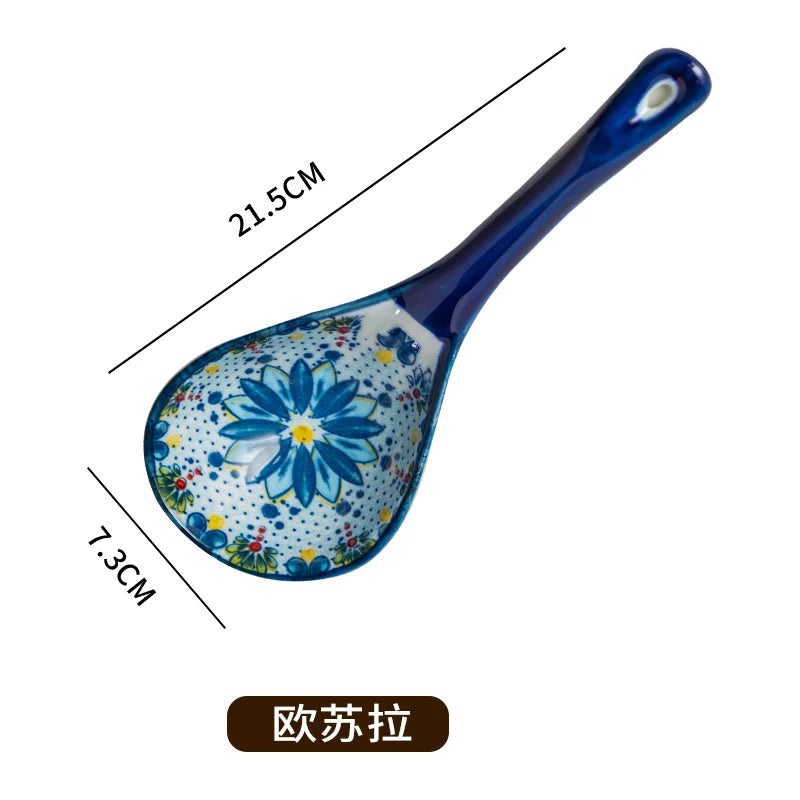 A blue ceramic ladle with a floral pattern, showing its size dimensions.