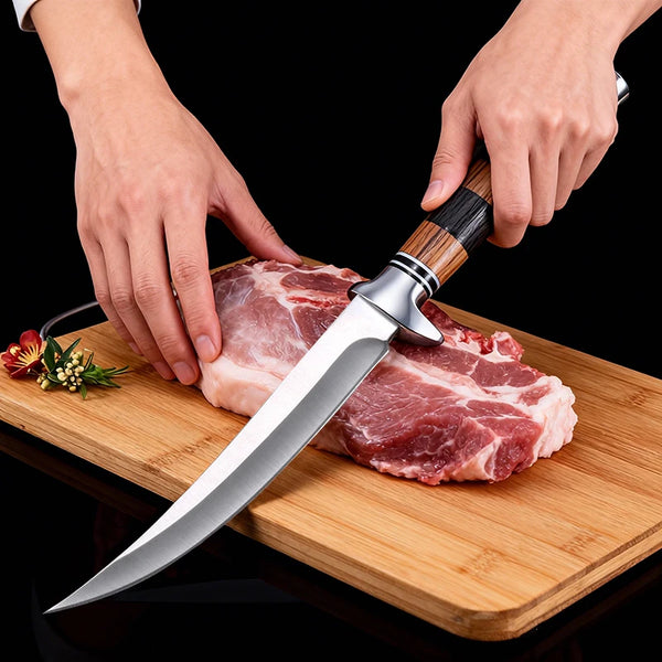 Eine Hand hält ein japanisches Sägemesser mit Holzgriff, das auf einem Holzbrett mit rohem Fleisch liegt.