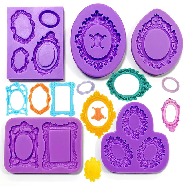 Set aus lila und grünem Silikonformen für Tortendekorationen, darunter verschiedene florale und geometrische Formen.