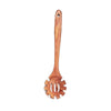 A single natural teak wooden cooking spoon with a loop handle.