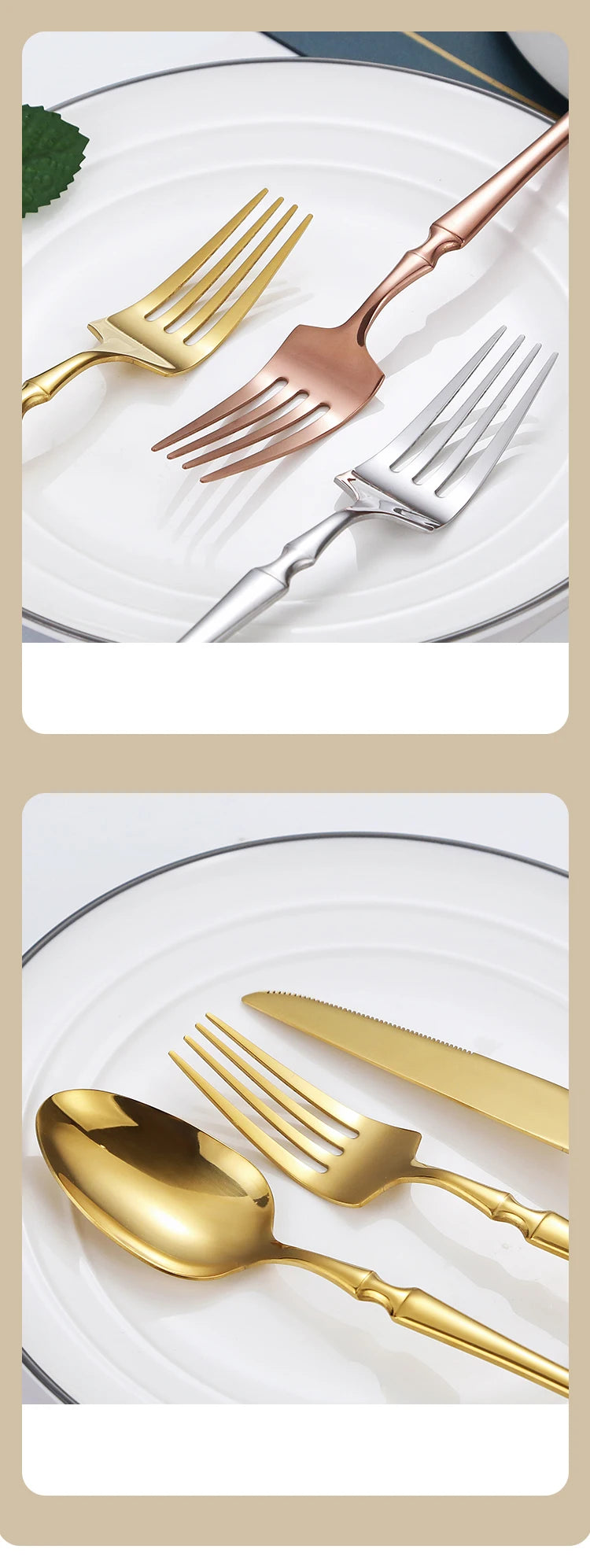 A collection of glossy gold and silver stainless steel dinnerware including forks, knives, and spoons on a white plate.