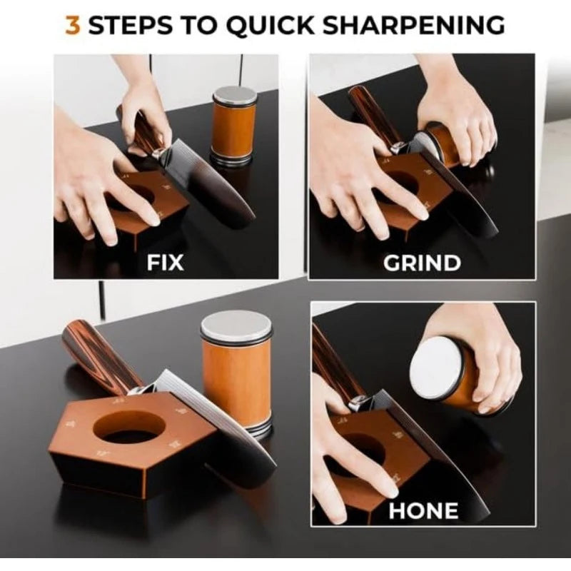 Three steps for quick sharpening showing fix grind hone process with a multi-angle rolling knife sharpener