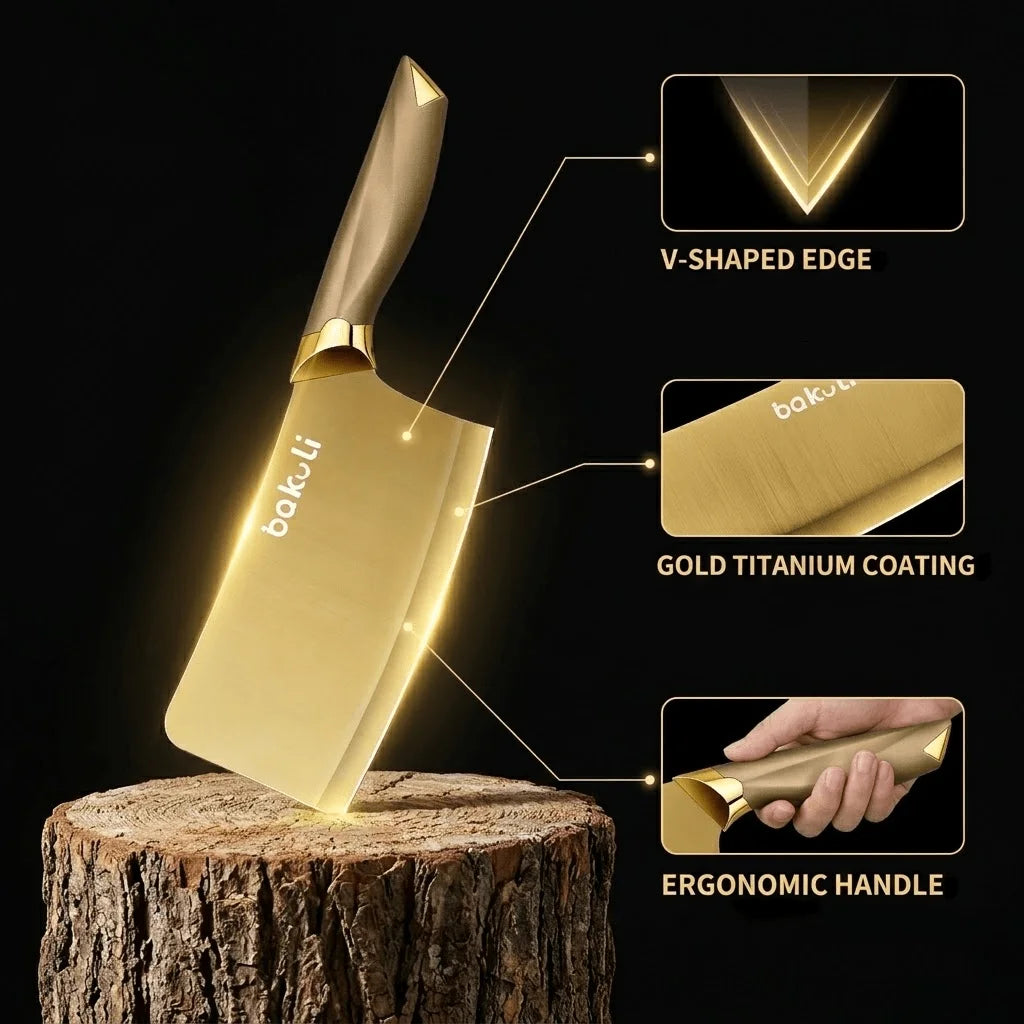 A gold titanium-coated knife with a V-shaped edge and ergonomic handle resting on a wooden log.