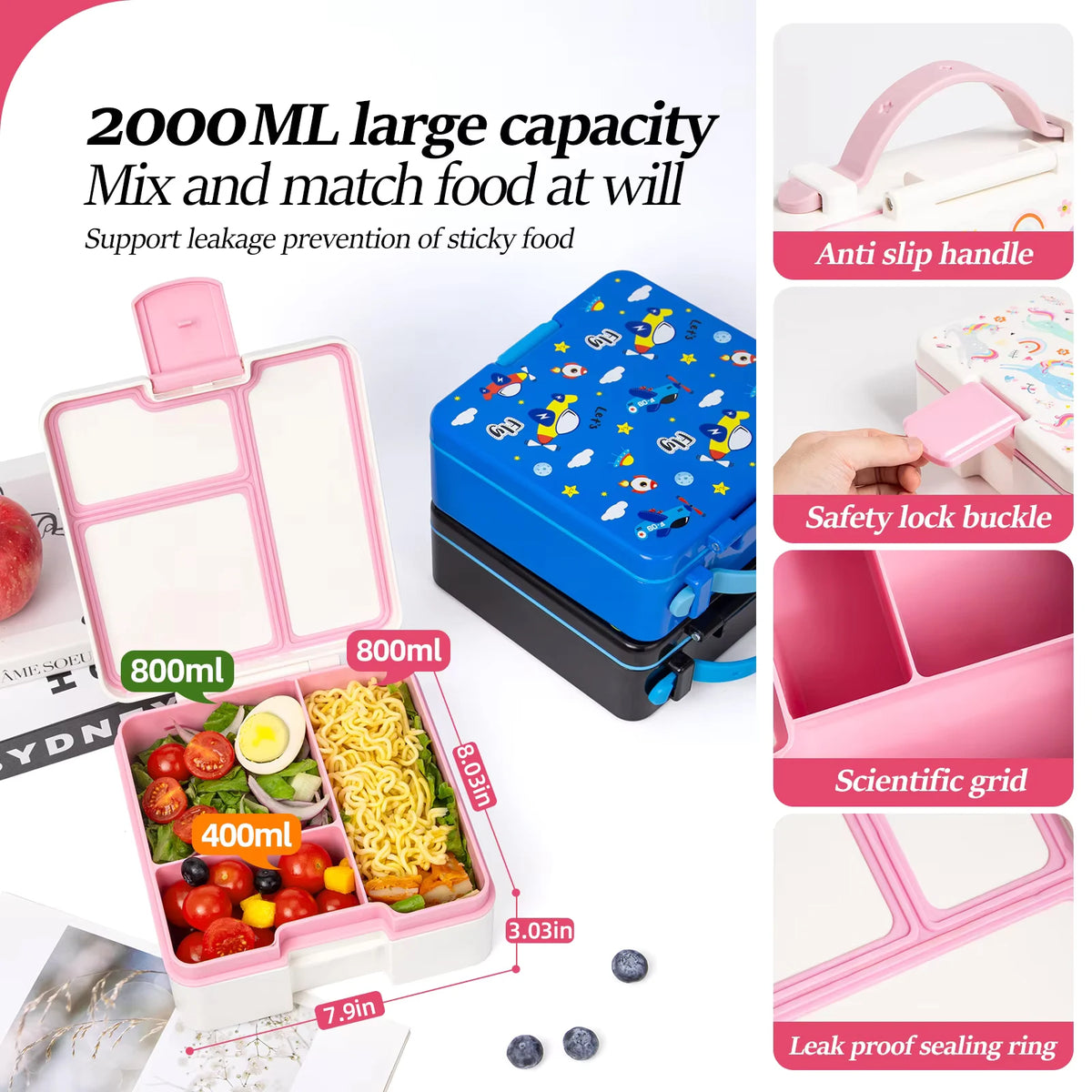 A set of pink and blue multifunctional leakproof bento boxes with various compartments and accessories shown on a white backg