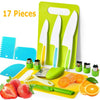 A set of 17 plastic knives and tools for cutting fruit and vegetables, including various shapes and colors.