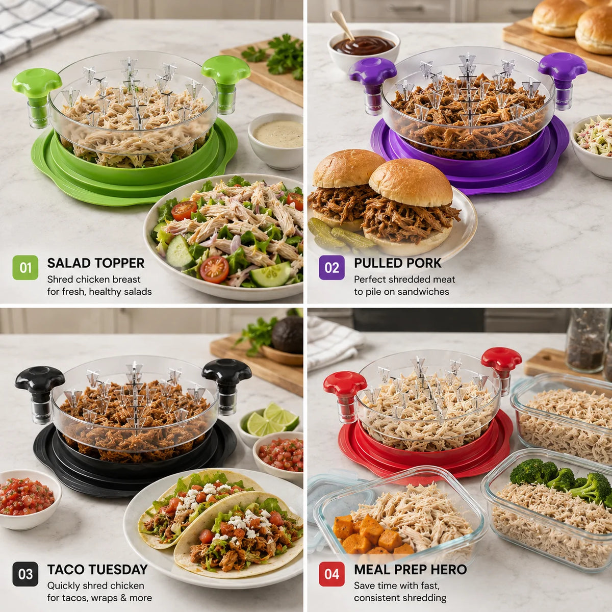 A set of manual chicken meat shredders and related ingredients for making shredded chicken salads and sandwiches.