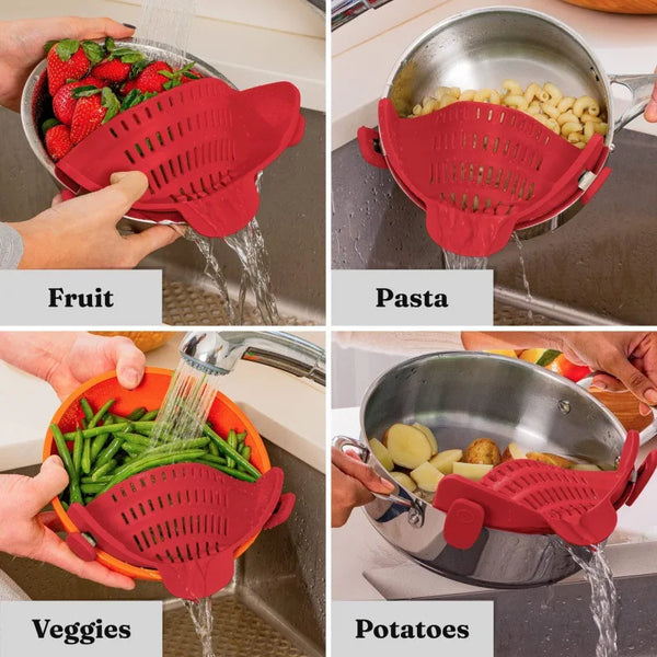 Adjustable silicone clip-on strainer used to drain fruit, pasta, vegetables, and potatoes.