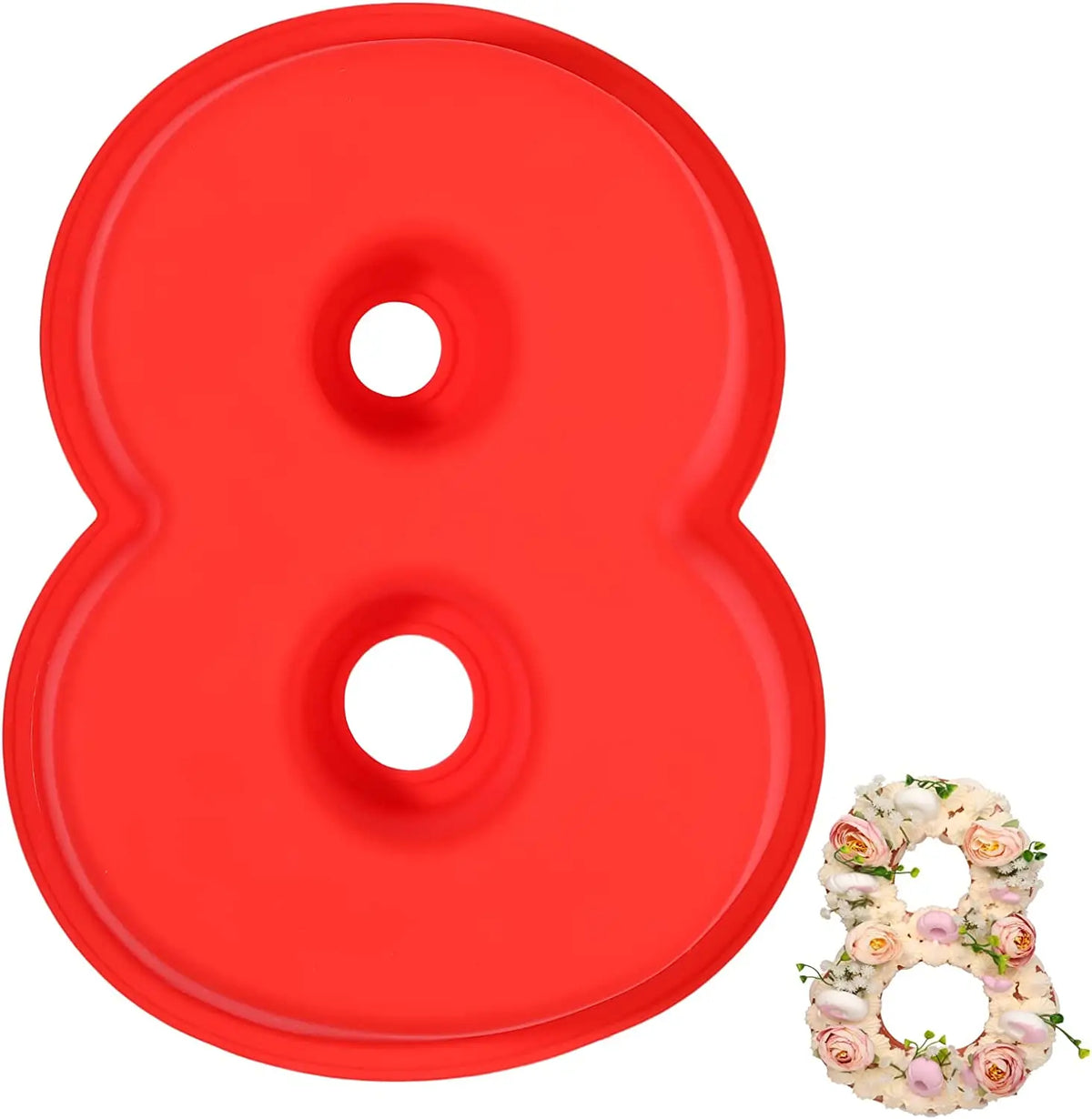 A red 3D large number cake mold shaped like the number 8, with a wreath of flowers beside it.