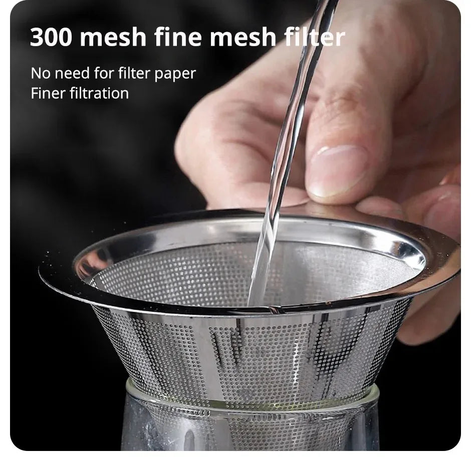 Una mano vierte líquido a través de un filtro de malla fina de 300 mallas en un recipiente de vidrio.