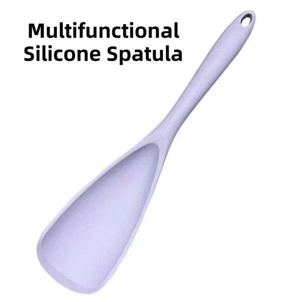 A white multifunctional silicone spatula with a flexible handle and oval head.