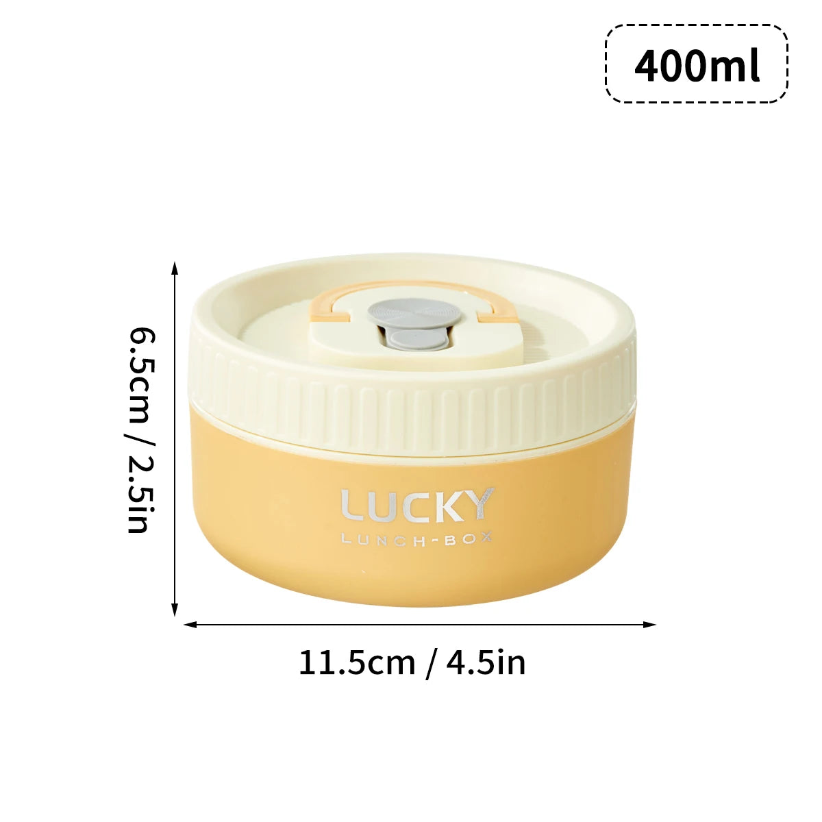 A round, light yellow thermal lunch box with a lid and a measuring mark indicating 400ml capacity.