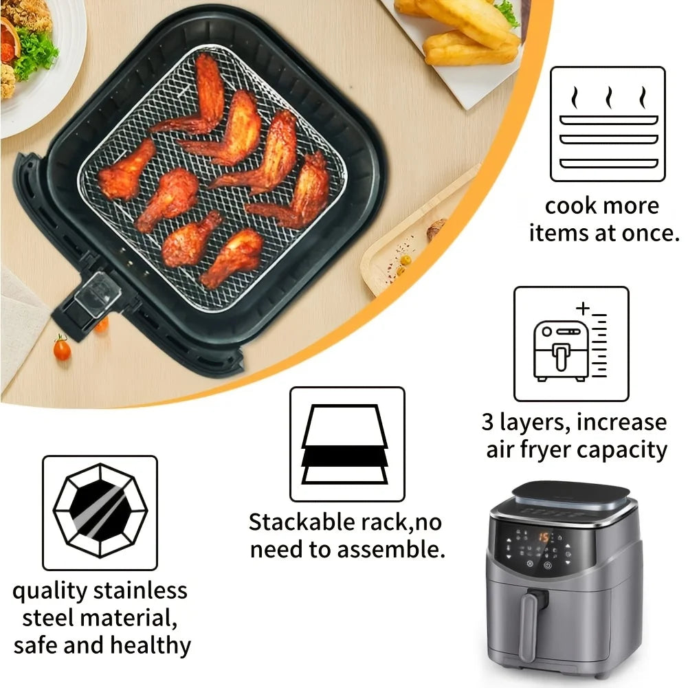 A stackable stainless steel grill rack for ovens and fryers shown with various food items.