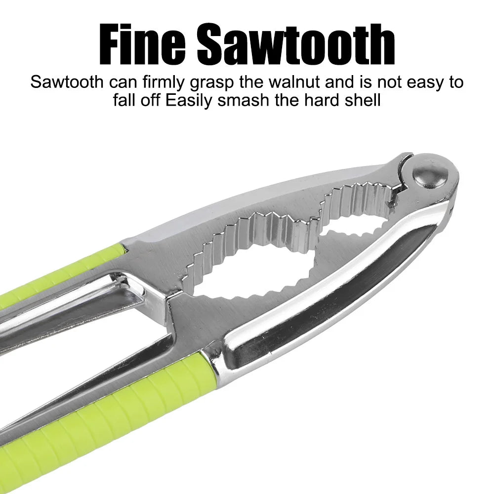 A close-up view of a stainless steel nut sawtooth tool with a lime green handle.