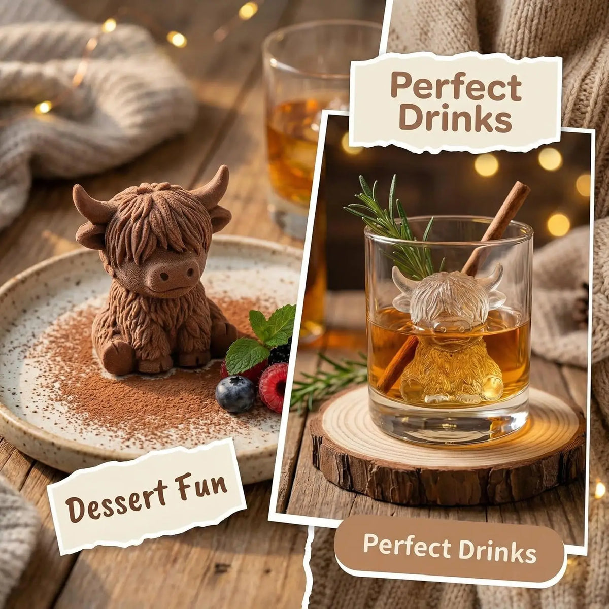 A glass of amber-colored cocktail garnished with rosemary and cinnamon, set on a wooden coaster.