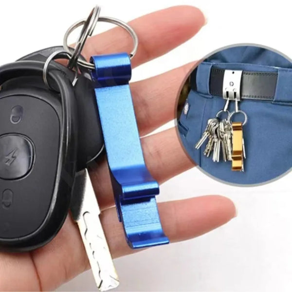 A portable metal bottle opener keychain with a blue lanyard and a black tool is shown on a hand.