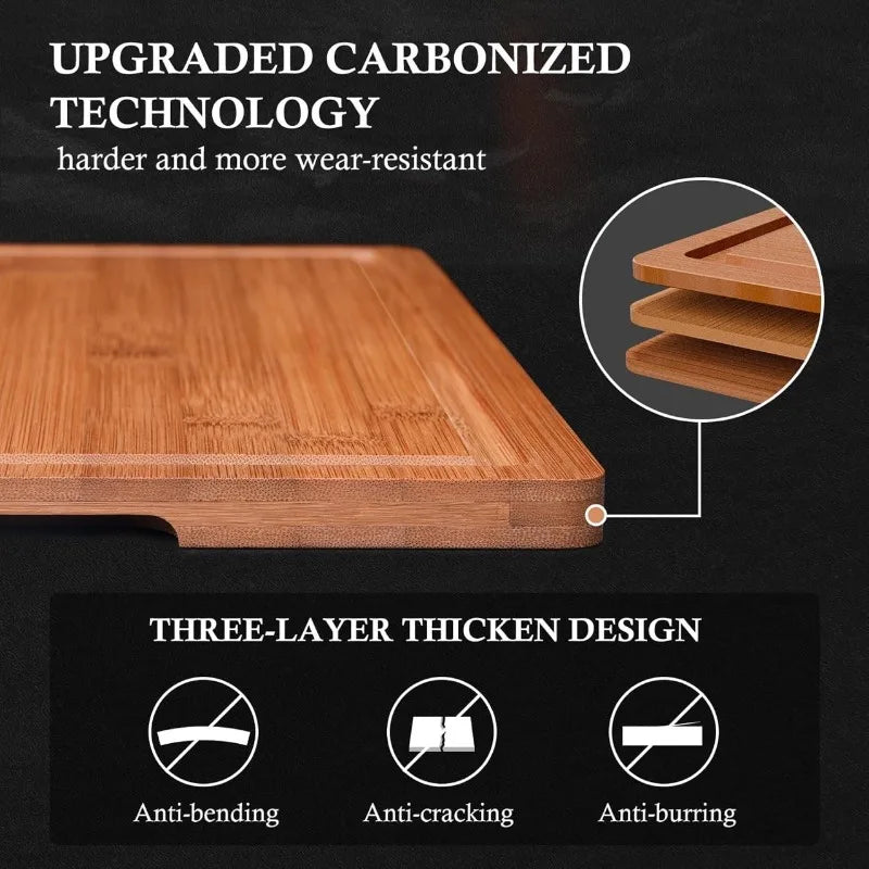 A set of three upgraded carbonized bamboo cutting boards demonstrating a three-layer thickened design for enhanced durability