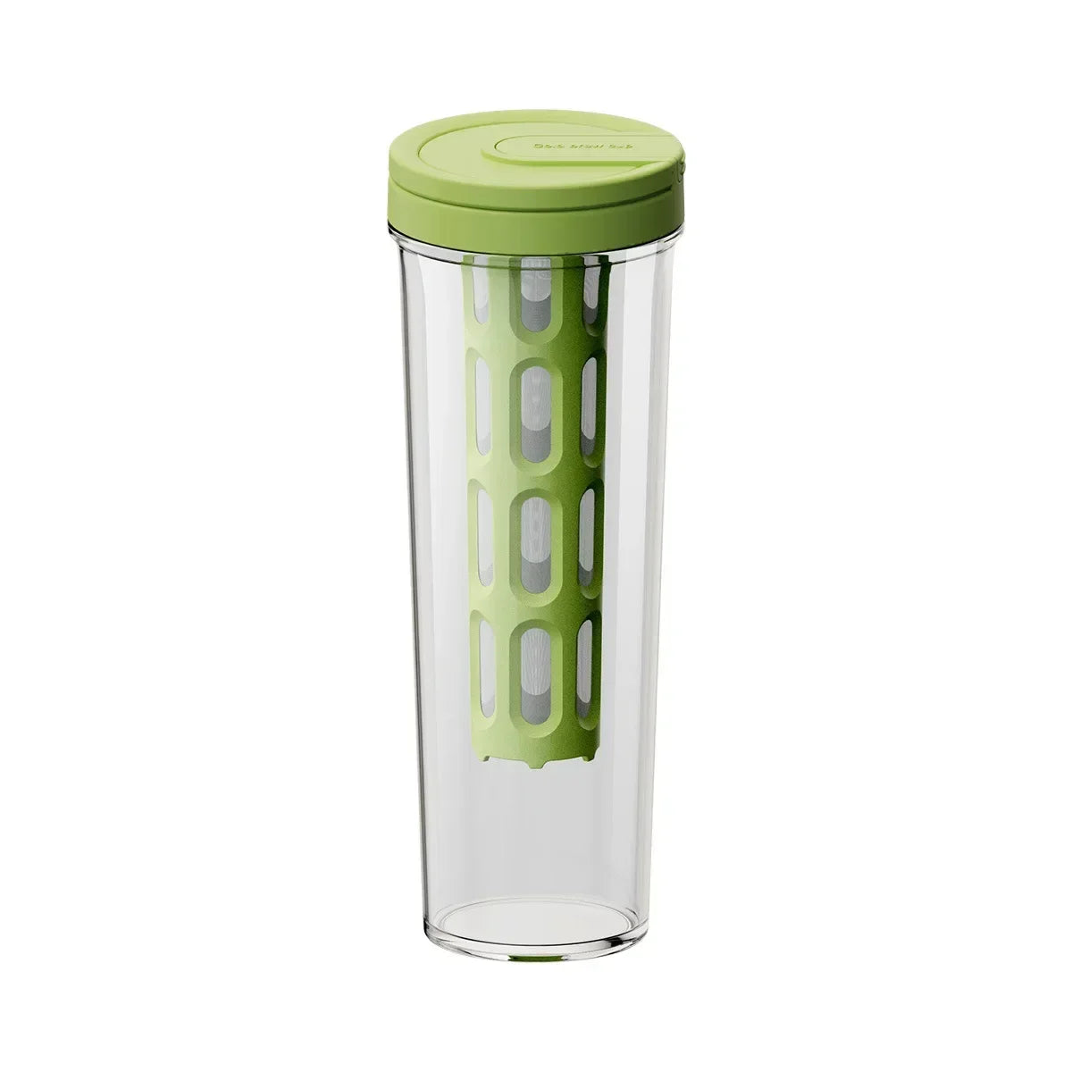 A clear plastic manual cold brew coffee maker with a light green lid and internal mesh filter.