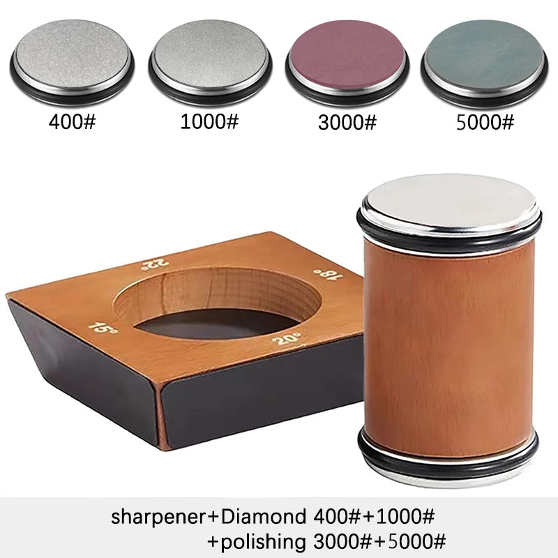 A set of sharpening stones numbered 400, 1000, 3000, and 5000, shown alongside a wooden knife sharpening block.