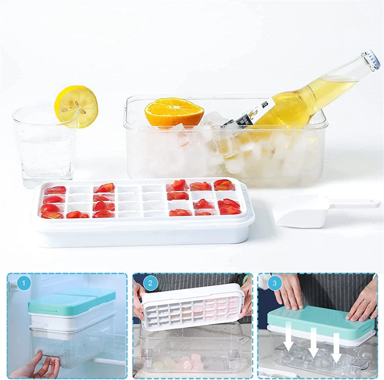 Stackable silicone ice cube tray set with storage bin showing various sizes and stacking options