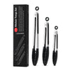 A set of three black stainless steel kitchen tongs displayed in a box.