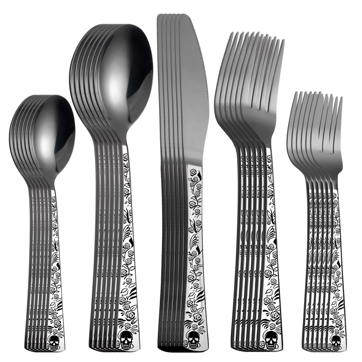 A set of stainless steel cutlery featuring a skull pattern design.